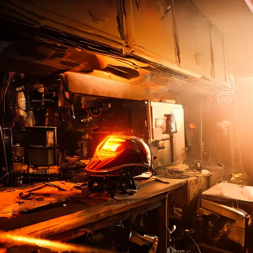 Image similar to head of toaster oven mecha, dark messy smoke - filled cluttered workshop, dark, dramatic lighting, orange tint, cinematic, highly detailed, sci - fi, futuristic, movie still