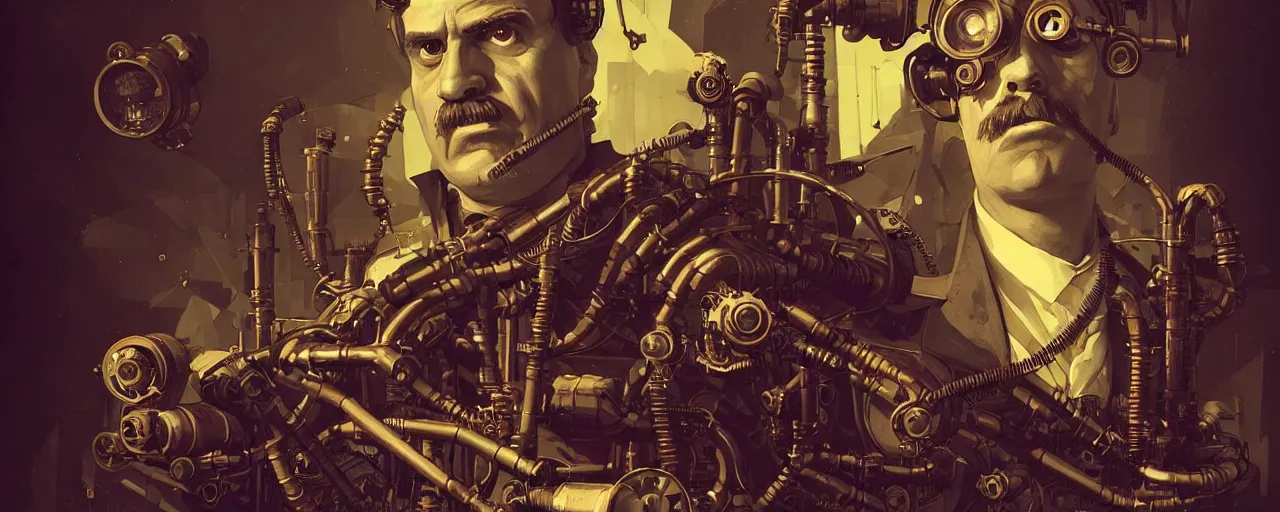 Image similar to duotone dark concept illustration 3 / 4 portrait of friedrich nietzsche as steampunk cyborg holding dynamite. highly detailed mechanism cinematic lighting. fibonacci golden ratio accidental renaissance. by sachin teng and sergey kolesov and ruan jia and heng z. graffiti art, scifi, fantasy, hyper detailed. octane render. concept art. trending on artstation