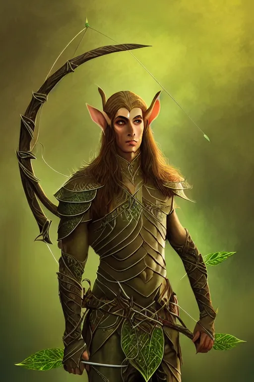 Prompt: male elven Archer armor made of green leaves, fantasy, amber eyes, face, long hair, intricate, elegant, highly detailed, digital painting, artstation, concept art, smooth, sharp focus, illustration