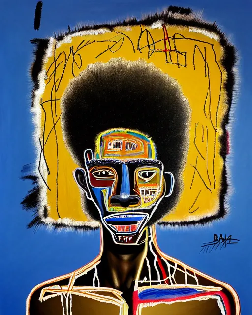 Image similar to A extremely ultra highly detailed majestic hi-res beautiful immaculate head and shoulders award winning painting stunning masterpiece of the face of a strong black african warrior man with an afro by Jean-Michel Basquiat, 8k, high textures, ultra hyper sharp, insanely detailed and intricate, super detailed, 8k HDR ultra high quality