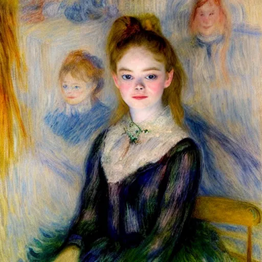 Prompt: A dream-like head and shoulders oil portrait of Elle Fanning, by Renoir. 8K. Extremely detailed.
