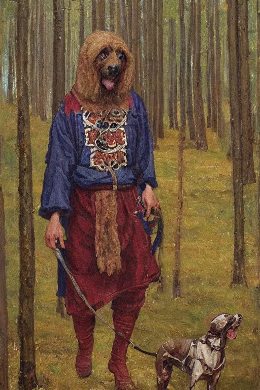 Prompt: Slavic dog head man, woolen torso in medieval clothes, walking in the forest, Orthodox Saint Christopher, oil painting, painting by Viktor Vasnetsov, concept art, hyperborea, beautiful dog head, hyperrealism, beautiful, high resolution, trending on artstation,