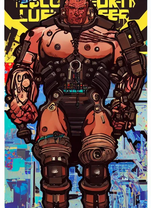 Prompt: buff cyberpunk weight lifter. robotic arm. portrait illustration, pop art, splash painting, art by ashley wood, alphonse mucha, laurie greasley and josan gonzales ( apex legends )