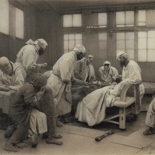 Prompt: shikki funereal by walter langley. a beautiful conceptual art of a team of surgeons gathered around a patient on an operating table, with one surgeon in the process of cutting into the patient's chest. the conceptual art is full of intense colors & brushstrokes, conveying the urgency & intensity of the surgery.