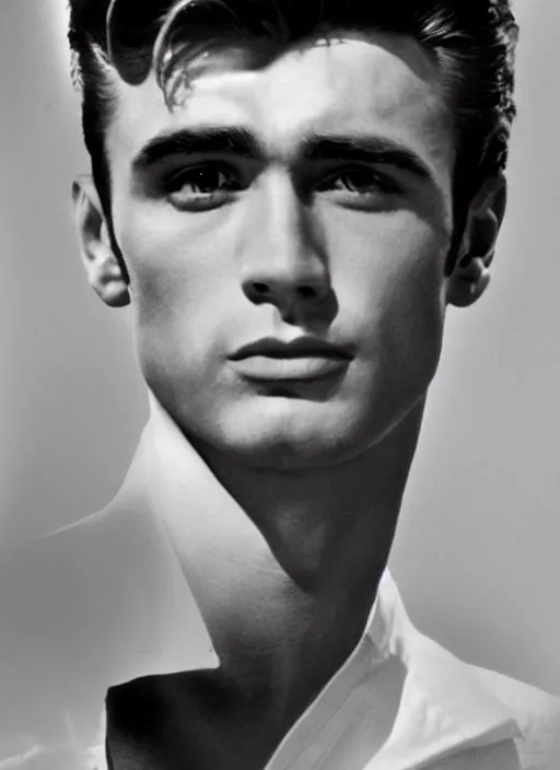 Image similar to genetic combination of james dean, elvis presley, sean connery, and boris karloff. gaunt, handsome, beautiful, striking, chiseled. prominent cheekbones, deep dimples, strong jaw.