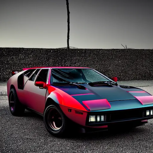 Prompt: detomaso pantera, night, headlights are on, professional photography, vaporwave