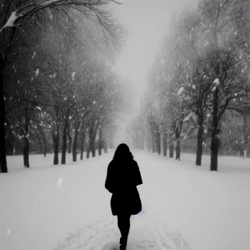 Image similar to girl walking through a blizzard, 8 0 mm film