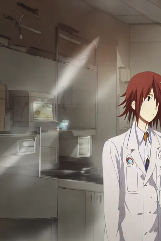 Prompt: Kurisu Makise in flowing lab coat by Akihiko Yoshida and Makoto Shinkai, with backdrop of god rays