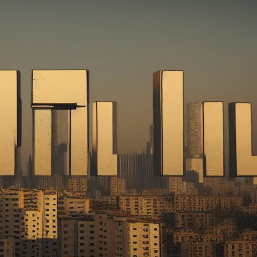 Prompt: a weathered concrete minecraft logo over pyongyang skyline. heavy shadows. dystopic. hyper realism. 8k