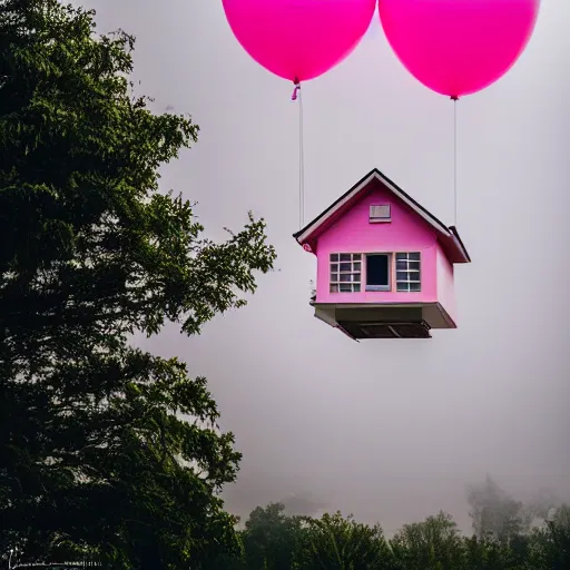 Prompt: a 5 0 mm lens photograph of a cute pink floating modern house, floating in the air between clouds, inspired by the movie up, held up from above by heart ballons. mist, playful composition canon, nikon, award winning, photo of the year