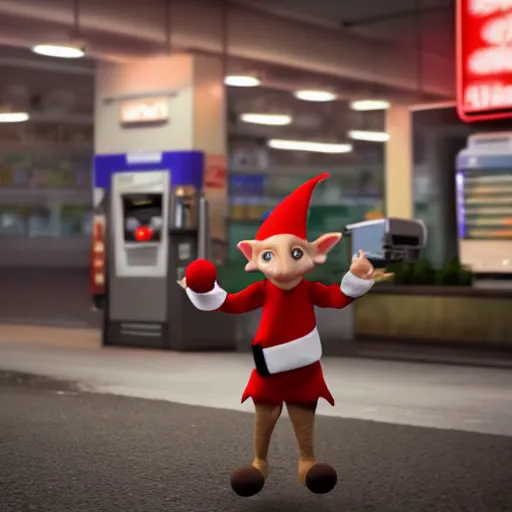 Prompt: dobby the elf robbing a gas station, volumetric lighting, octane render, 4 k resolution,