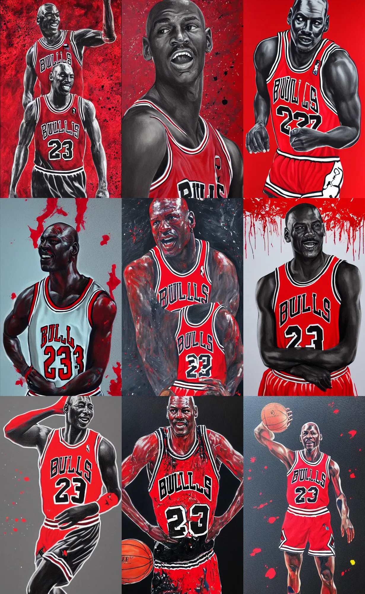 Prompt: micheal jordan in chicago bulls jersey, full body portrait, accurate skin tones, detailed features and hair, acrylic paint on canvas by cher anderson, black background, splattered vibrant paint, trending on artstation