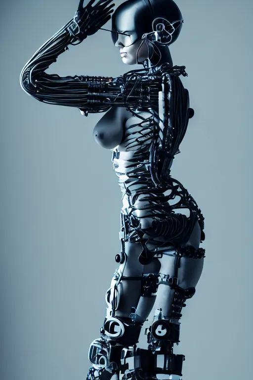 Image similar to a beautifull anatomialy perfect cyberpunk woman model, wearing cable armor, luxury materials, symmetrical, cinematic, elegant, professional studio light, real dlsr photography, sharp focus, 4 k, ultra hd, sense of awe, high fashion