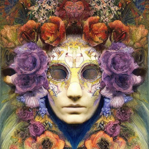 Image similar to masterpiece painting of a facemask made of flowers, by annie swynnerton and jean delville and tino rodriguez and diego rivera, flower mask, flower shaman, spooky dark psychedelic, symbolist, dramatic lighting, god rays, elaborate geometric ornament, clean crisp graphics, soft cool colors, smooth sharp focus, extremely detailed