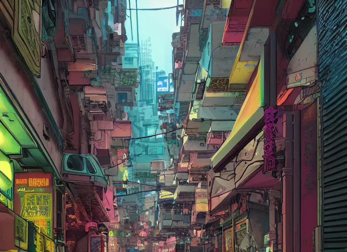 Prompt: a cyberpunk hong kong alley with robots and humans walking around by moebius, pixar color palette, clear details, ground level