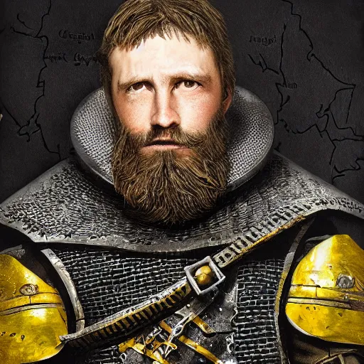 Image similar to Closeup of frustrated and acerbic male medieval sergeant with a {short} beard wearing a {black and yellow tabard} over a steel breastplate and a black gambeson looking up from a map on a table, intricate, dramatic lighting illustration by Greg Rutkowski, {perfect face}, {perfect eyes}, fantasy