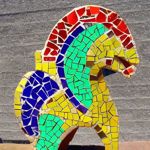 Prompt: mosaic sculpture of a chimera!!!, irregularly shaped mosaic tiles, hand glazed pottery shards, in the style of folk art, in a cottagecore flower garden