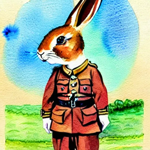 Image similar to water colour illustration of a rabbit wearing a ww1 uniform