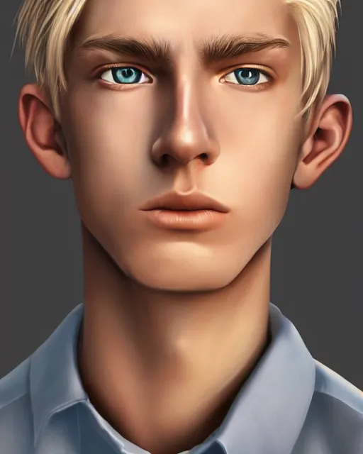 Prompt: portrait of 1 5 - year - old boy, a tall, slender boy with a pale, pointed face, sleek blond hair, and ice grey eyes, wearing in shirt, hyper realistic face, beautiful eyes, character art, art by mark brooks, trending on artstation, digital art