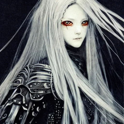 Prompt: Yoshitaka Amano realistic illustration of an anime girl long white hair fluttering in the wind and cracks on her face wearing Elden ring armour with the cape, abstract black and white patterns on the background, noisy film grain effect, highly detailed, Renaissance oil painting, weird portrait angle