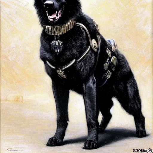 Image similar to a portrait of a manly and muscular and handsome and attractive black german shepherd dogman canine, star trek the next generation. highly detailed painting by gaston bussiere, craig mullins, j. c. leyendecker, furry