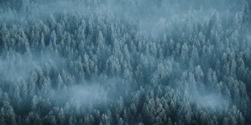 Image similar to moonlit night, forested mountains, cold light, dense forest, overhead view, fog