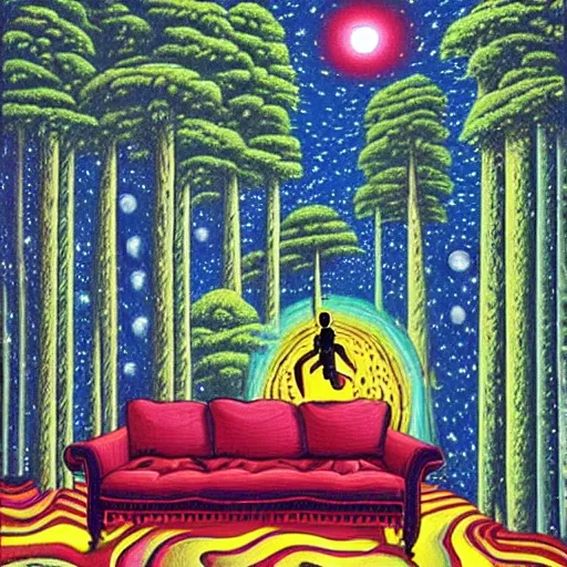 Prompt: psychedelic trippy couch pine forest, planets, milky way, sofa, cartoon by rob gonsalves, guitar