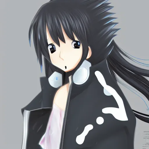 Image similar to advanced digital anime art, a anime girl with long hair and a high school cosplay outfit and wearing a Orca coat, an anime drawing by Sakimimichan, featured on pixiv, furry art, pixiv, booru, anime