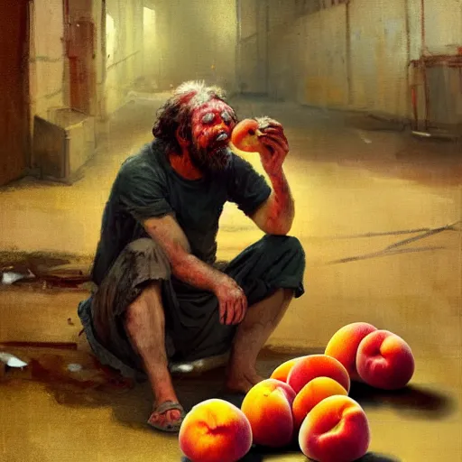 Image similar to feral man eating peaches in a factory, hunched over, mild mild impressionism, factory background, sharp colors, by greg rutkowski and asher duran