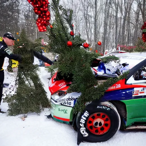 Image similar to Petter Solberg after he crashed into the christmas tree