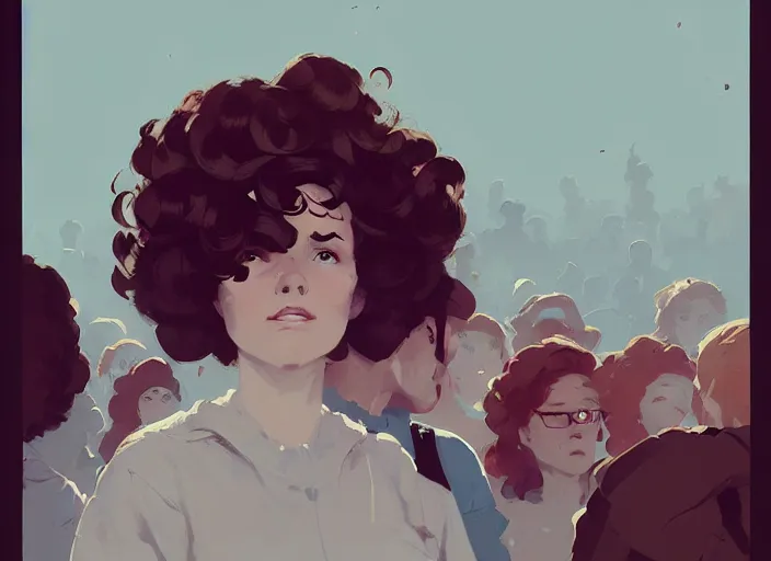 Image similar to portrait woman with short ginger curly hair in the crowd, by atey ghailan, by greg rutkowski, by greg tocchini, by james gilleard, by joe fenton, by kaethe butcher, by ashley wood, dynamic lighting, gradient light blue, brown, blonde cream and white color scheme, grunge aesthetic