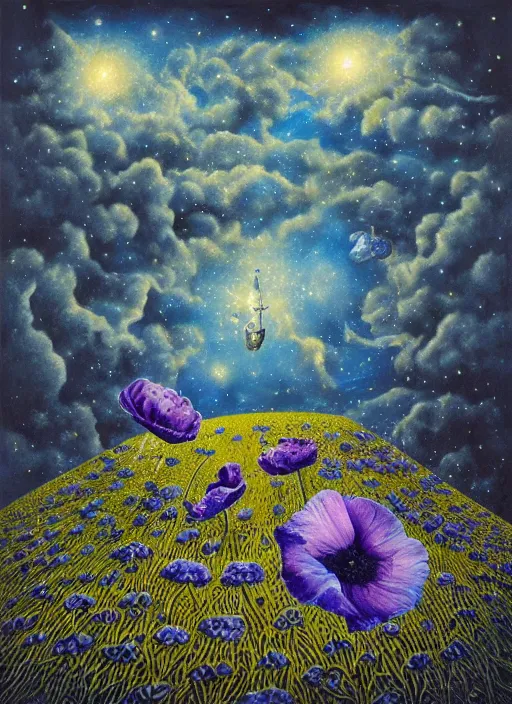 Image similar to detailed, intricate blue black and purple papaverum flower on the field, nebula, galaxy in the sky, winning award masterpiece, fantastically beautiful, illustration, aestheticly inspired, jacek yerka, upscale with anguissola sofonisba work, artstation, 8 k