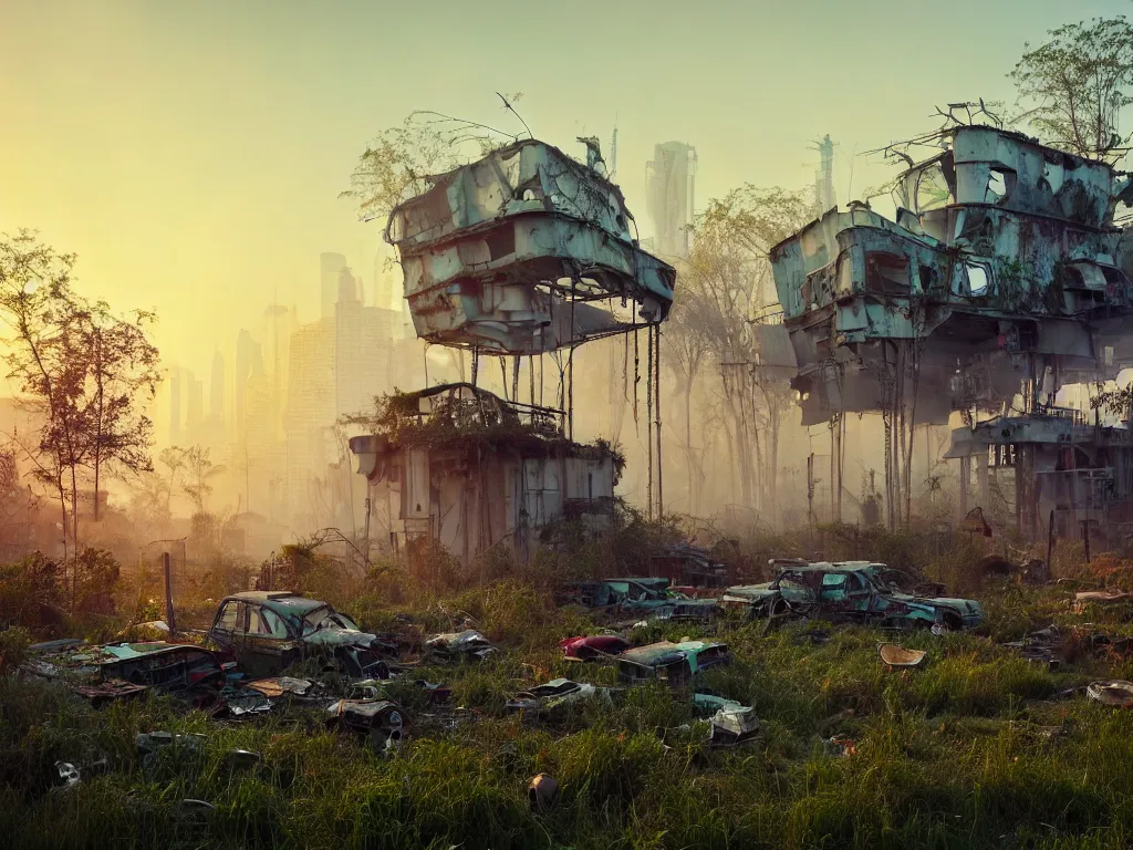 Prompt: beautiful house made from junkyard scrap parts, in an overgrown field, architectural render, futuresynth, chillwave, scrapyard architecture, blender, sunrise, (((mist))), ruined city in the background, trending on artstation, by gal barkin