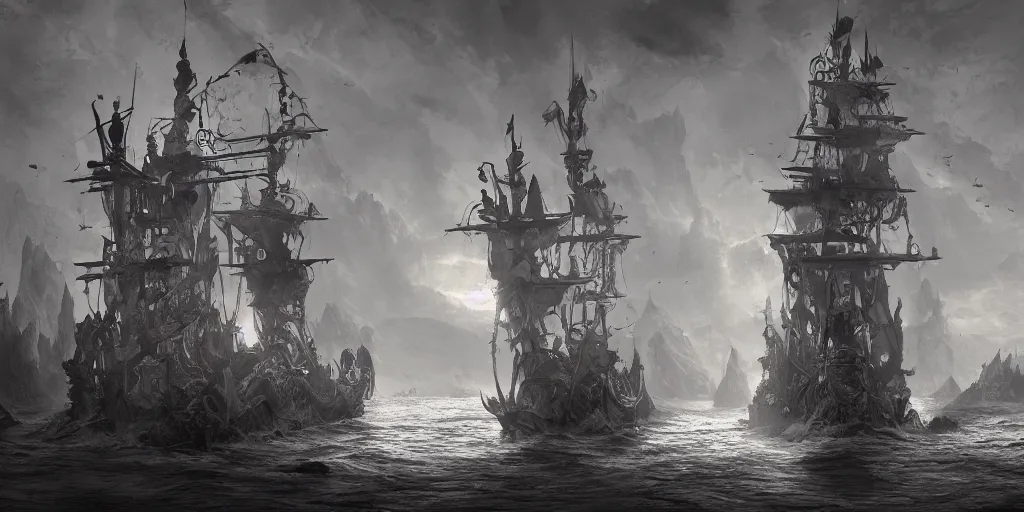 Image similar to Fantasy pirate ship, Dynamic lighting, cinematic, establishing shot, extremely high detail, foto realistic, cinematic lighting, pen and ink, intricate line drawings, post processed, concept art, artstation, matte painting, style by Raphael Lacoste, Eddie Mendoza