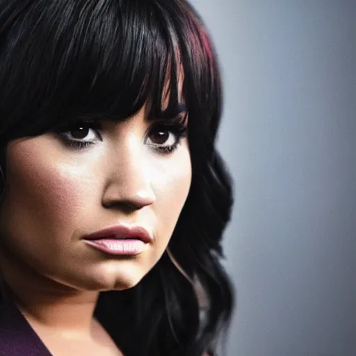 Image similar to close-up of Demi Lovato as a detective in a movie directed by Christopher Nolan, movie still frame, promotional image, imax 70 mm footage