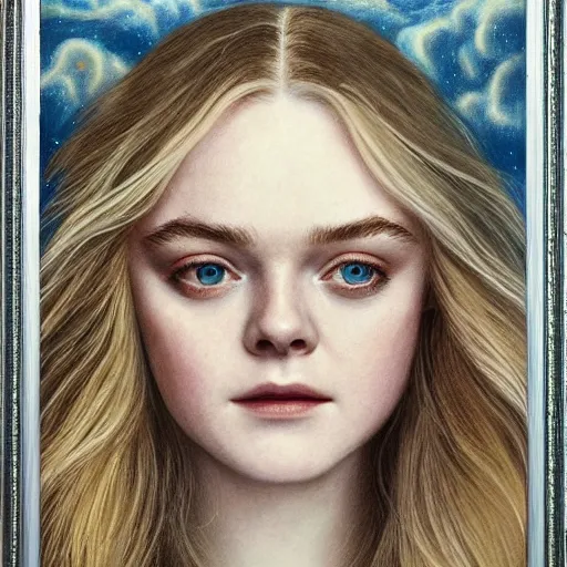 Prompt: professional painting of Elle Fanning in the style of Yoann Lossel, head and shoulders portrait, symmetrical facial features, smooth, sharp focus, illustration, intricate, stormy weather, extremely detailed masterpiece,