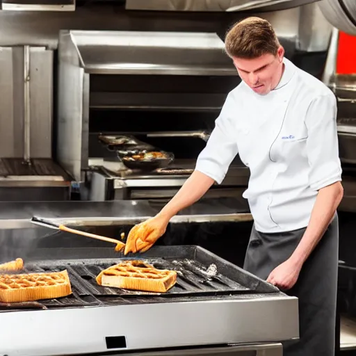 Prompt: wafflehouse restaurant cook smoking a cigarette while cooking food on a flat top grill