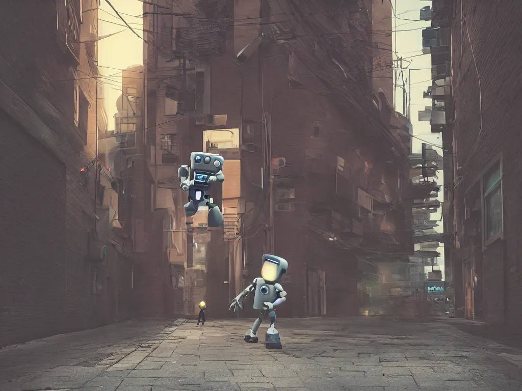 Image similar to a cartoon of a paranoid android on the run, around the corner ,down the alley of a big city with brick buildings and street lights. robot, crime noir, octane render, cinematic, dramatic