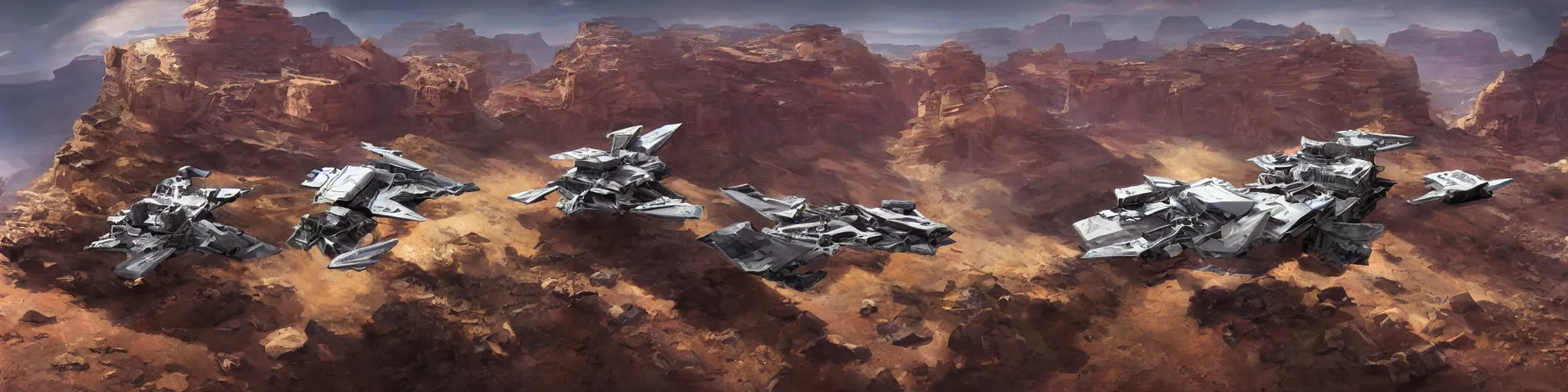 Prompt: spacecraft speed race road into the mountain rocks like grand canyon. Illustration by Blizzard and Ubisoft