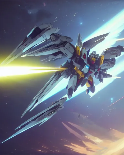 Image similar to highly detailed vfx portrait of a gundam with wings of feathers beam saber fighting in space with a beam gun, unreal engine, greg rutkowski, loish, rhads, beeple, makoto shinkai and lois van baarle, ilya kuvshinov, rossdraws, tom bagshaw, alphonse mucha, global illumination, detailed and intricate environment