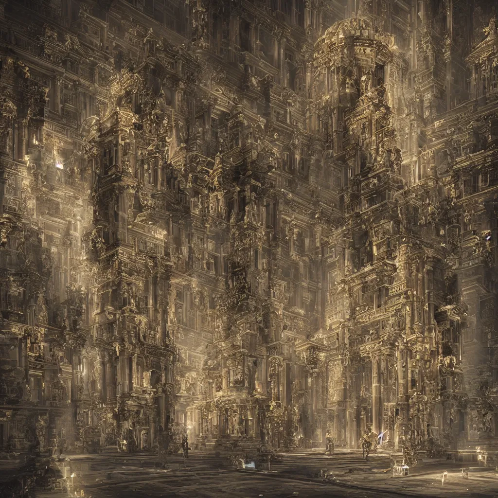 Image similar to “a baroque temple to artificial intelligence built by nano bots in the year 2100, with only one cyborg at the center observing moving particles of data, highly detailed in 4K, hyper realistic”