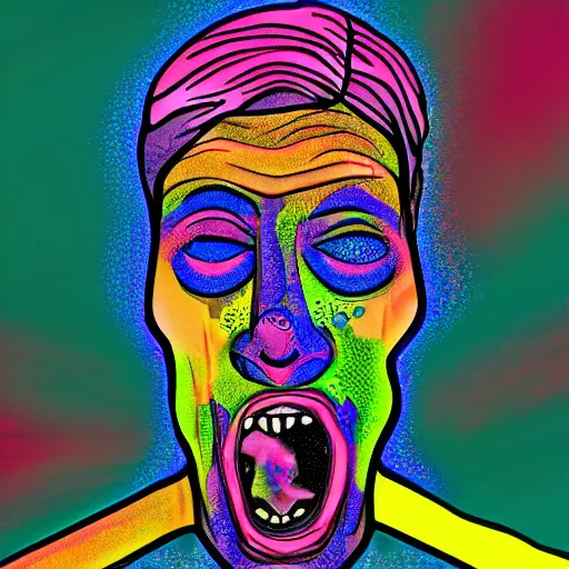 Prompt: man with a tab of lsd on his tounge, digital art by mad dog jones