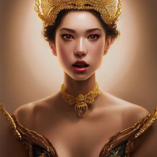 Prompt: realistic expressive oil painting, of alluring european princess, seductive look, smooth glowing skin, glistening body, love, adoration, ornate headpiece made from beads, glamour shot, by yoshitaka amano, by greg rutkowski, by jeremyg lipkinng, by artgerm and sue bryce, digital art, octane render, white dress, mood lighting