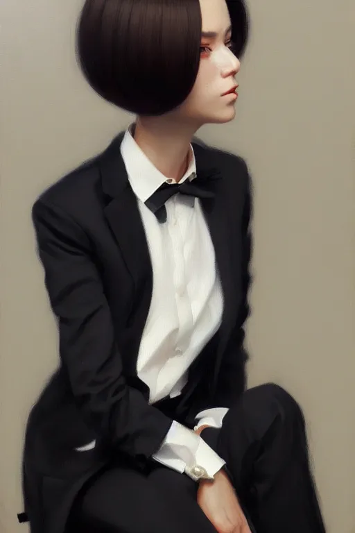 Image similar to a ultradetailed beautiful portrait panting of a stylish woman wearing a black loose fit suit with a tie, oil painting, by ilya kuvshinov, greg rutkowski and makoto shinkai, trending on artstation