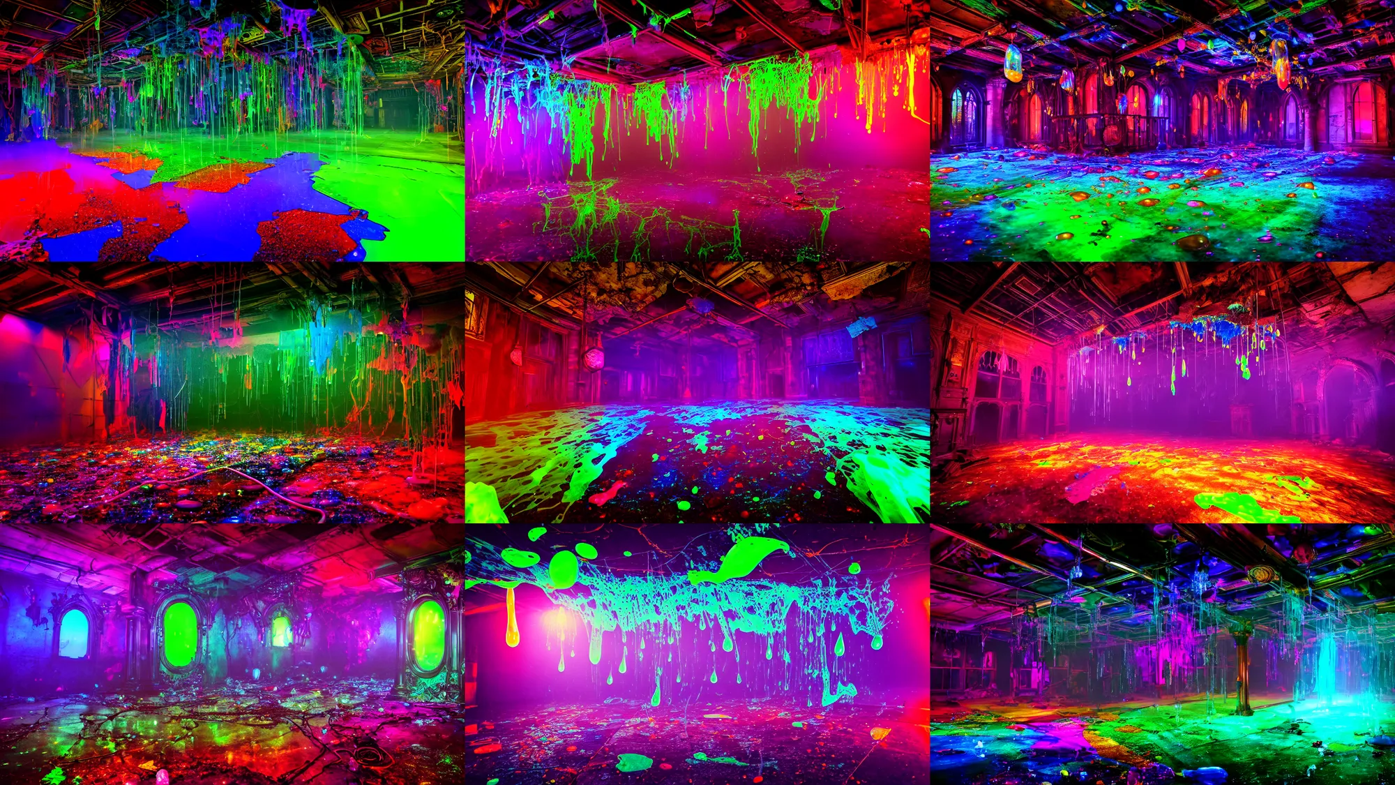 Prompt: multi - colored slime and debris pouring from the ceiling in a large gothic cracked steampunk room spilling over the transparent floor and splashing large glowing luminescent neon drops, field - blur, floodlight, argand lamp, 4 k