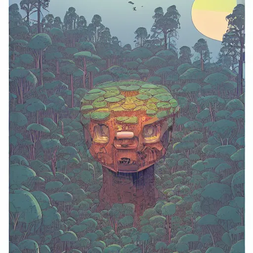Prompt: aerial isometric view of a giant decaying robot head in middle of lush forest , highly detailed, sunset, by Victo Ngai and James Gilleard , Moebius, Laurie Greasley