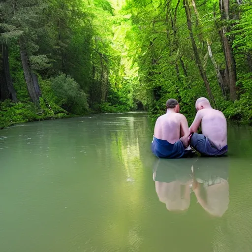 Prompt: two men sitting on a small damn on a river with a forest in the background