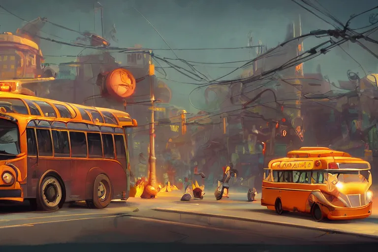 Prompt: a cartoony public bus, electric cables, various items, in the style of Rayman origins, michael ancel, Ruan Jia and Mandy Jurgens and Greg Rutkowski, trending on Artstation, award winning, unreal engine, octane render H 1024