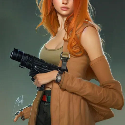 Image similar to ultra realistic illustration, bella thorne as kim possible, intricate, elegant, highly detailed, digital painting, artstation, concept art, smooth, sharp focus, illustration, art by artgerm and greg rutkowski and alphonse mucha