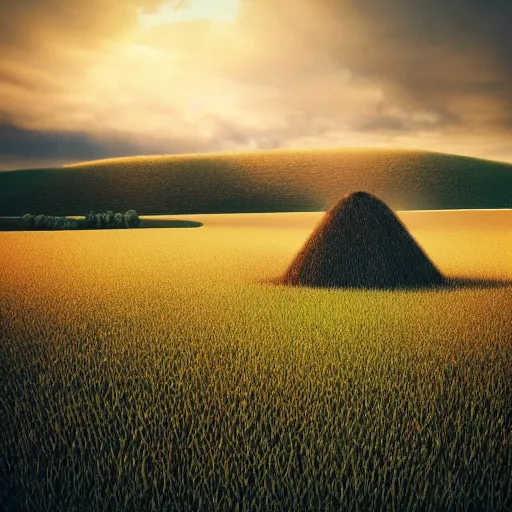 Image similar to haystack on a field, traditional hungarian landscape, dramatic lighting, beautiful, volumetric lighting, colorful, octane render